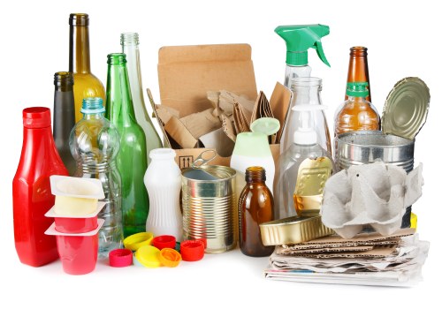 A collection of various discarded household items and packaging materials, including glass bottles of different shapes and colors such as green, brown, and clear, with some featuring metal caps or labels. There are also plastic containers, spray bottles with trigger nozzles, a metal food can, and crumpled paper towels or rags. In the background, there is a brown cardboard box filled with crumpled paper and additional packaging waste. The items are arranged on a flat surface, possibly outdoors or in a recycling area, with a mix of textures from the smooth glass, ridged plastics, and crinkled paper. This scene typifies waste materials that might be collected by Garden Clearance Plaistow's rubbish removal services, reflecting typical household rubbish to be cleared from a garden or property in or near Plaistow, London. The overall appearance emphasizes a variety of recyclable waste awaiting collection, consistent with environmentally responsible rubbish disposal practices in the local area.